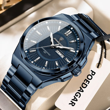 POEDAGAR Reloj deportivo original para hombre, de cuarzo, con fecha y semana, de lujo, de pulsera, resistente al agua, luminoso, de acero inoxidable