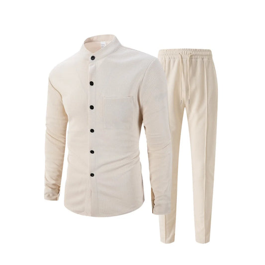 Nuevo traje de otoño para hombre, camisa de manga larga de color liso con estampado de gofres y cárdigan con bolsillo, elegante conjunto de pantalones largos informales para hombre