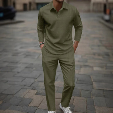 Polo de moda para hombre, cálido y duradero, de color puro, deportivo informal, de manga larga, con pantalones de jacquard, conjunto para primavera y otoño.