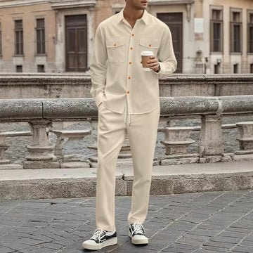 Traje de otoño e invierno 2025 para hombre, estilo de trabajo, informal, con camisa fina, chaqueta y pantalones rectos holgados, conjunto de dos piezas.