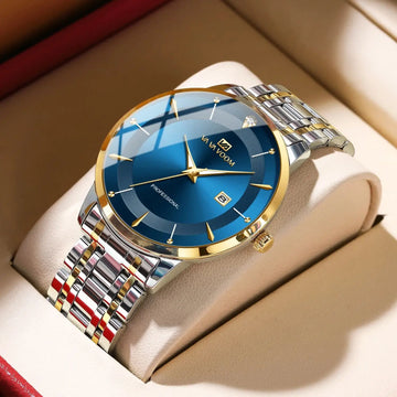 Reloj de pulsera de acero inoxidable para hombre, nuevo modelo 2024, estilo empresarial, de lujo, con diamantes de imitación, 43 mm, movimiento de cuarzo azul y dorado, reloj masculino